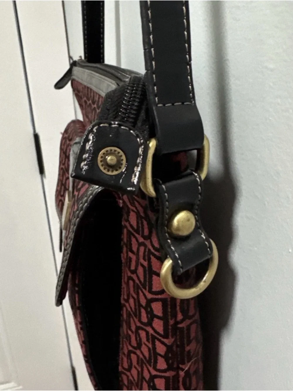 Giani Bernini Red Patterned Crossbody Bag with Black Trim